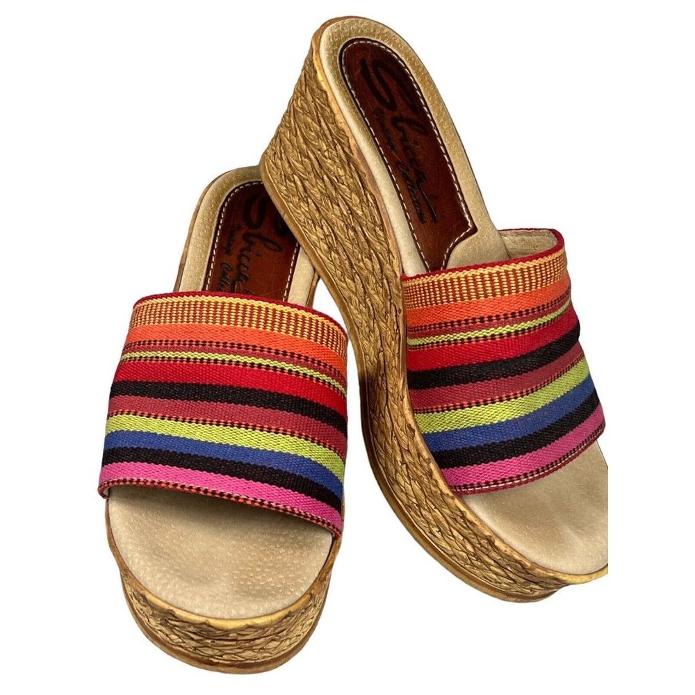 Sbicca Vintage Collection Rainbow Aztec Striped Cork Platform Wedge Mule Slip-on